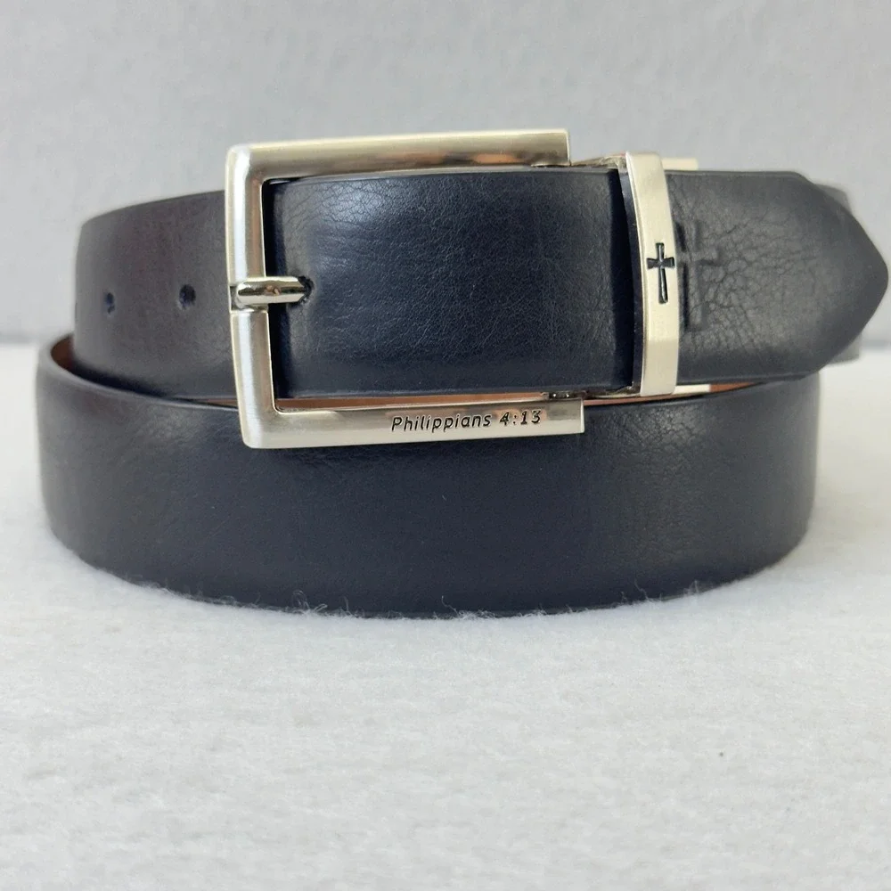 NEW Philippians 4:13 Reversible Black Bonded‎ Leather Belt Silver Buckle Sz 36